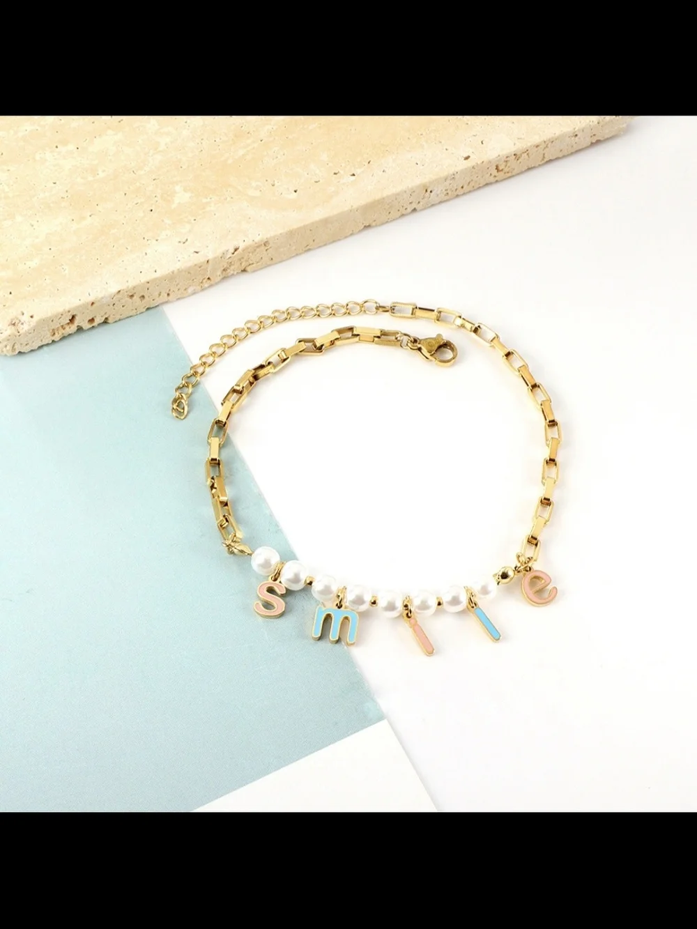 Gold Smiley Letter Charm Anklet with Pearls - Unbranded
